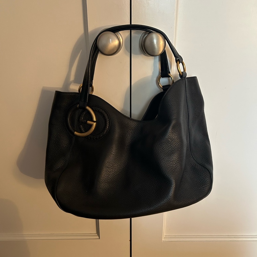 Gucci Black Medium Pebbled Calfskin Twill Tote Bag with Gold Accents